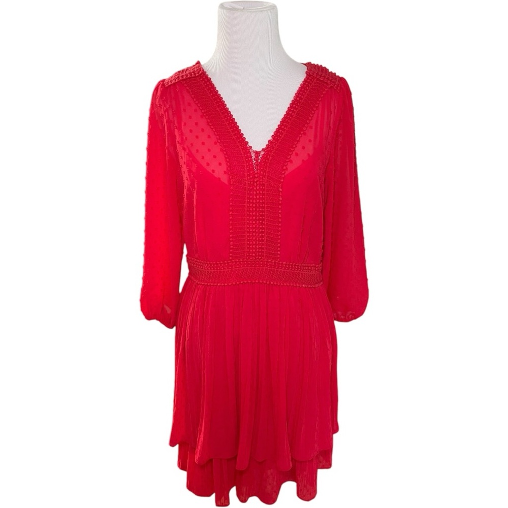 Anthropologie Red Pleated Tiered Sundress with Bishop Sleeves - Picture 2 of 10